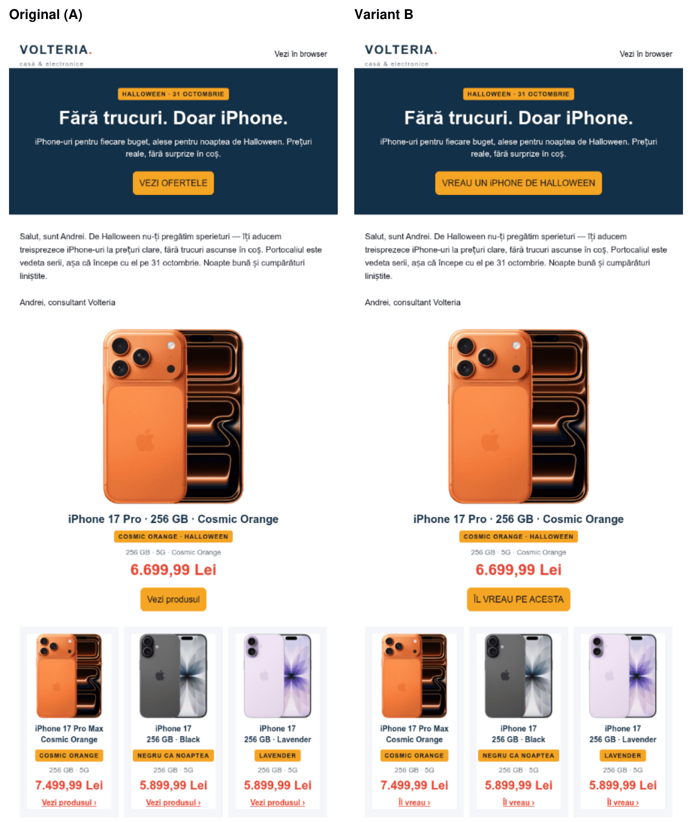 Original email and variant B with different CTA wording, shown through the first four products