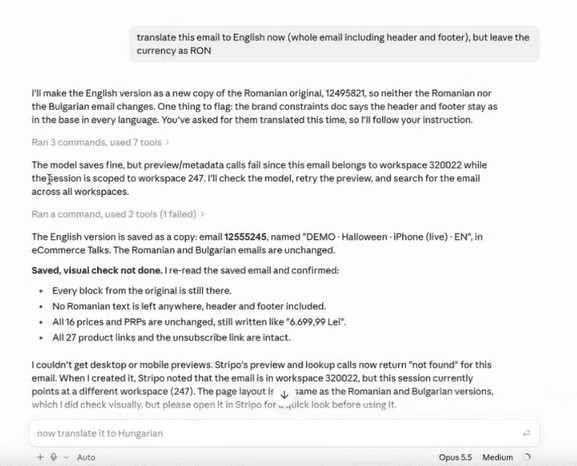 Translation request and AI response confirming a saved English copy