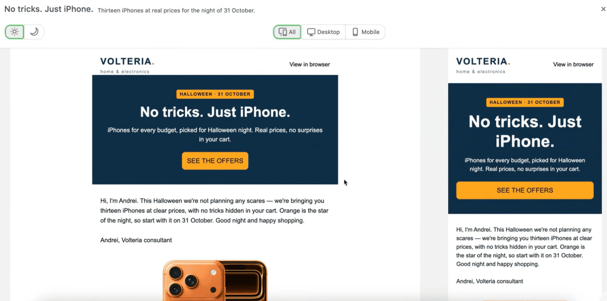 English email shown in Stripo&rsquo;s desktop and mobile preview