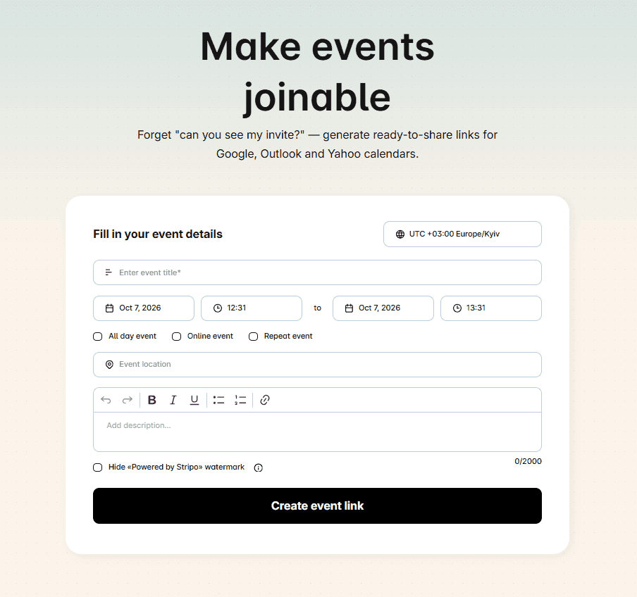 Calendar link generator interface in Stripo