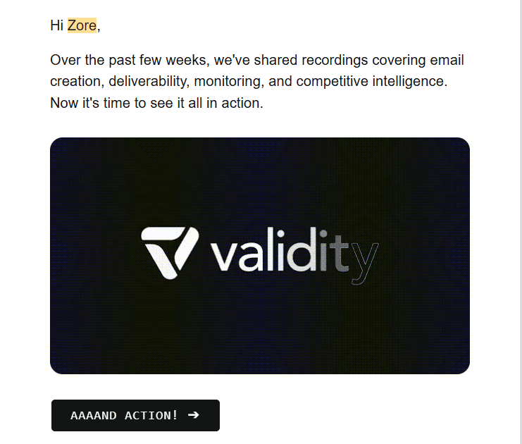 E-mail contenant un message de bienvenue personnalis&eacute; de Validity, Inc