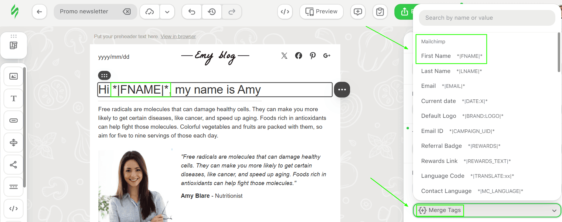 Ajout d&rsquo;une balise de fusion de personnalisation &agrave; un e-mail dans Stripo