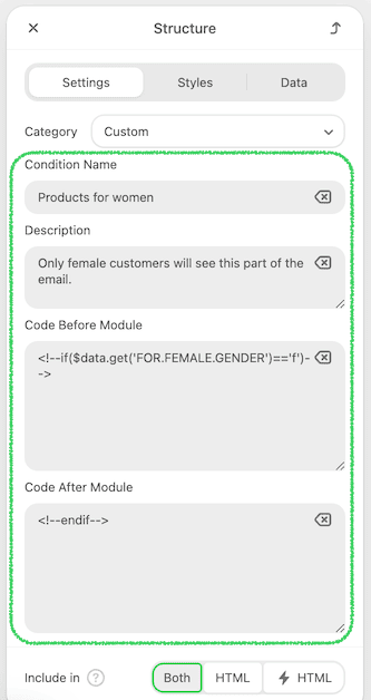 Configuration des conditions d&rsquo;affichage d&rsquo;un bloc de contenu d&rsquo;e-mail dans Stripo