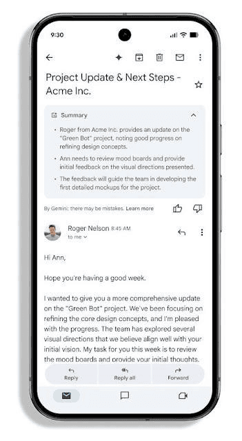 Gemini summary card above an opened email in the Gmail mobile app