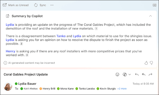 Copilot thread summary with numbered citations in Outlook for Mac