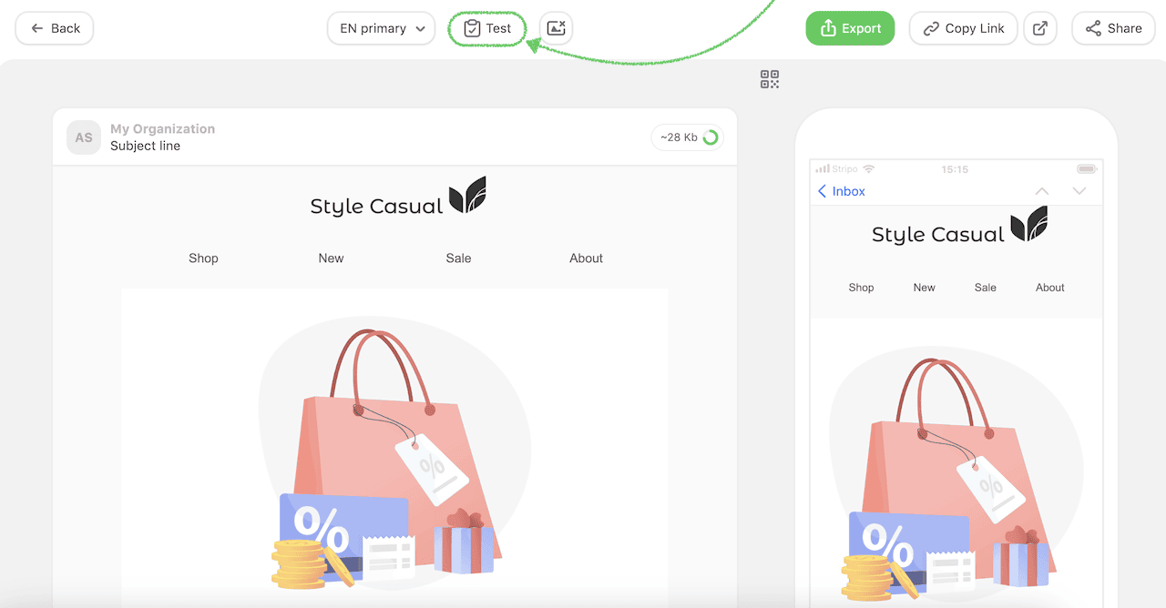 Test button highlighted in Stripo&rsquo;s desktop and mobile email preview