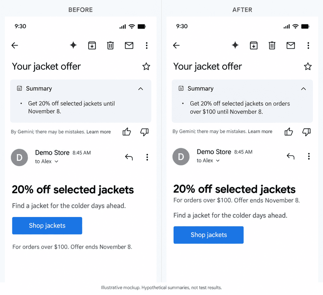 Gmail summaries before and after moving the minimum spend below the offer heading