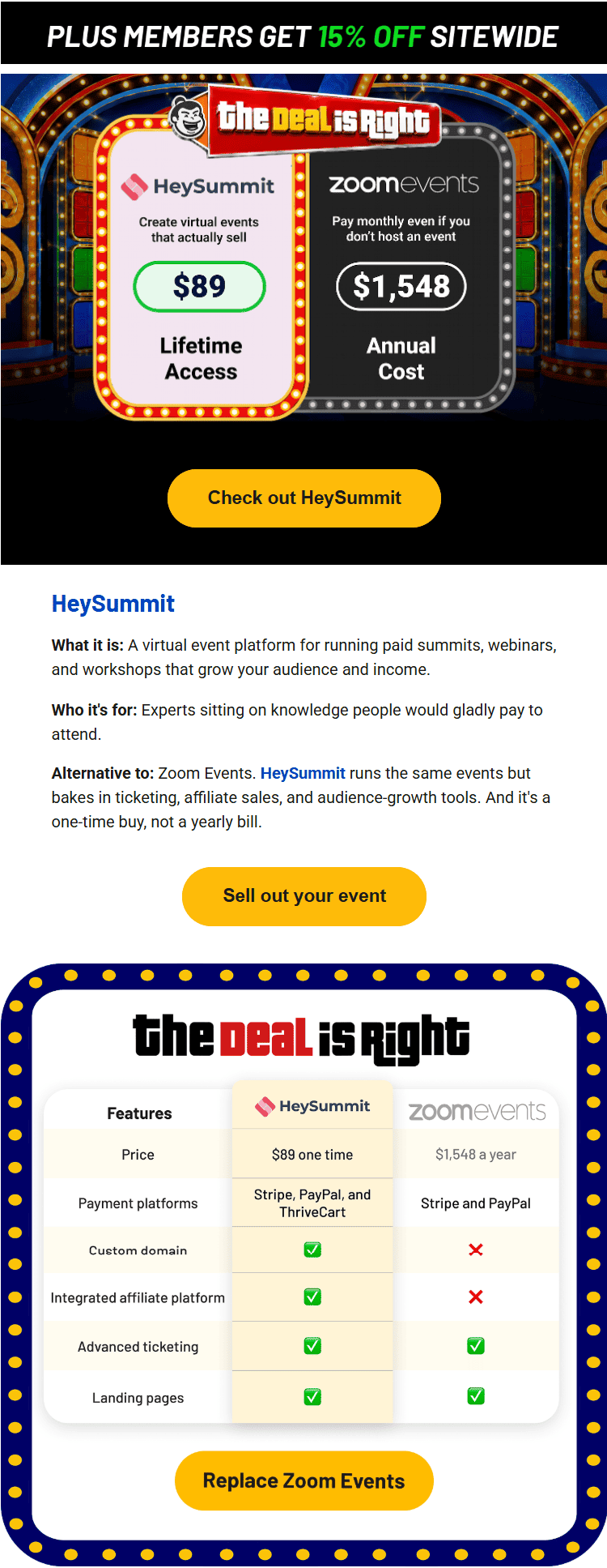 AppSumo email comparing prices and features