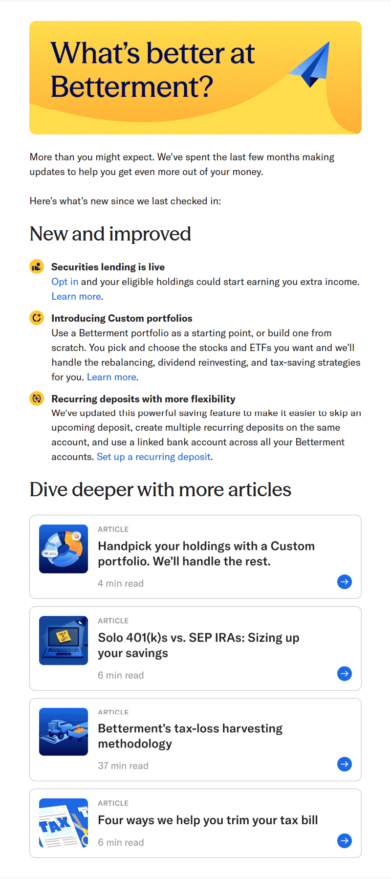 Betterment email featuring product updates