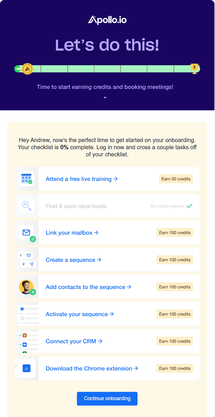 Apollo email with an onboarding checklist