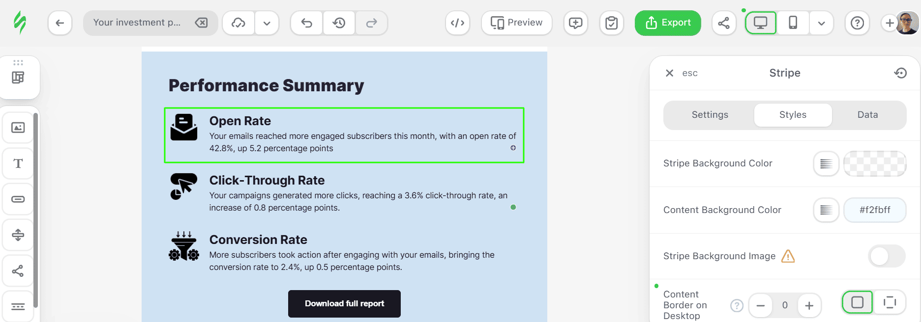 Custom email list with icons, titles, descriptions, and a CTA button