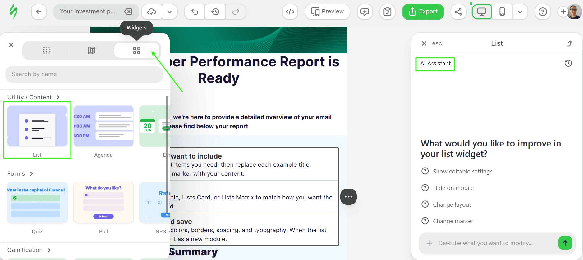 List widget in Stripo's email editor