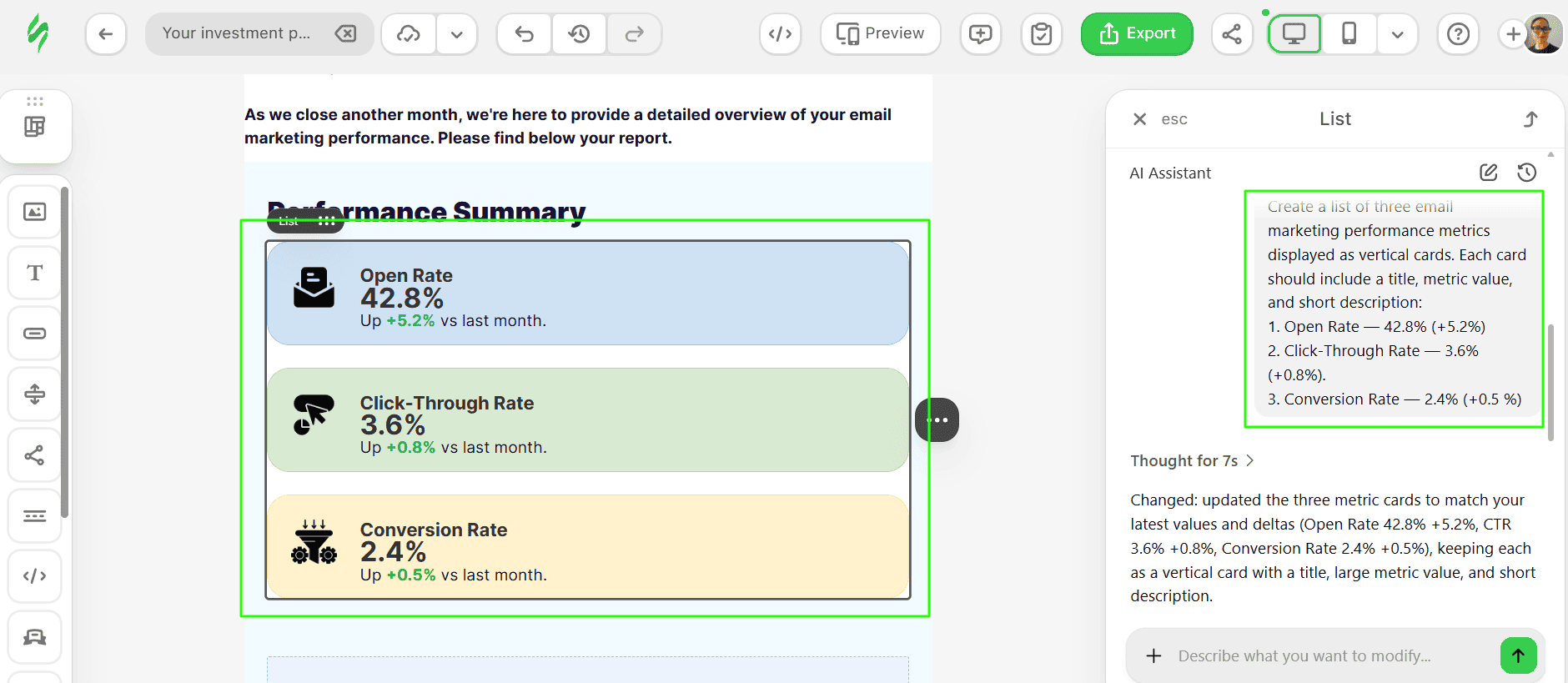 Creating a list of campaign metrics using a List widget and an AI Assistant