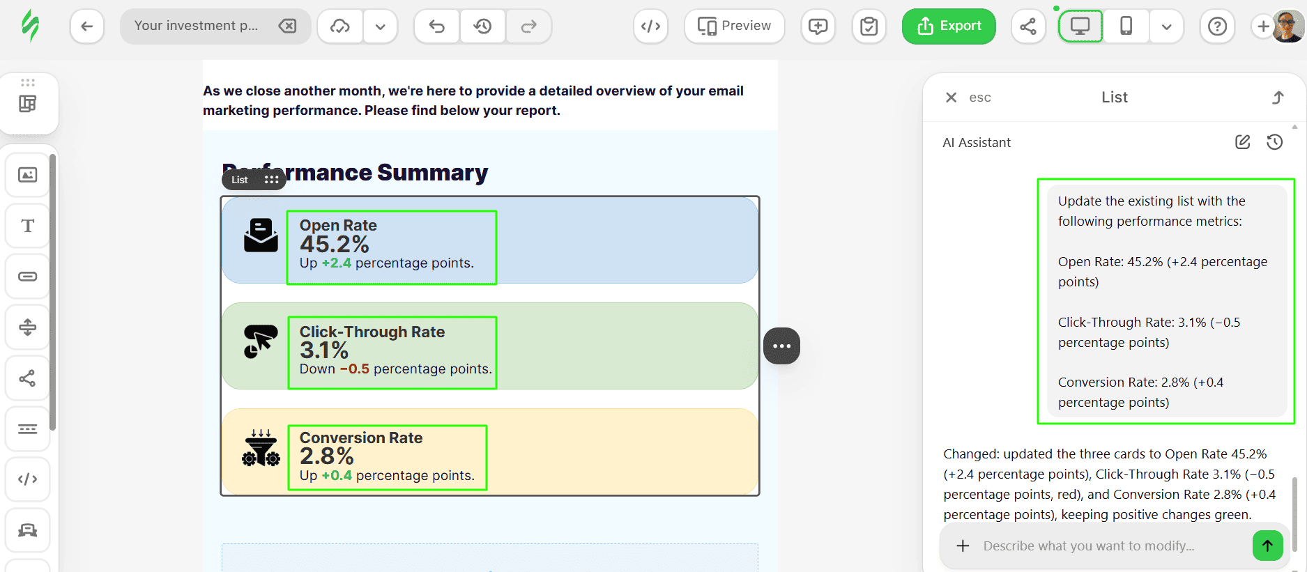Updating metrics using a List widget and an AI Assistant