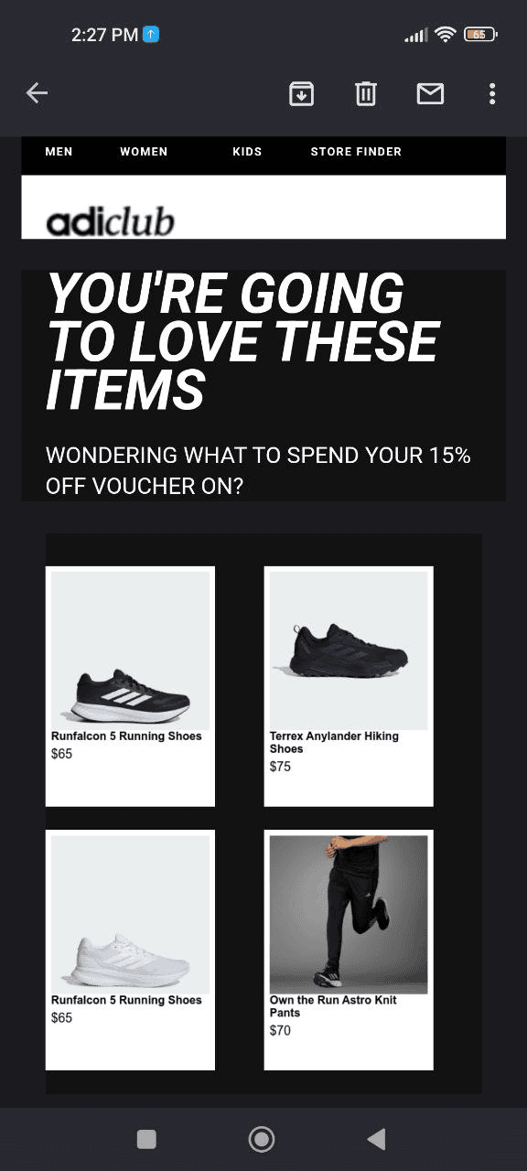 Email from Adidas on mobile Email from Adidas on mobile