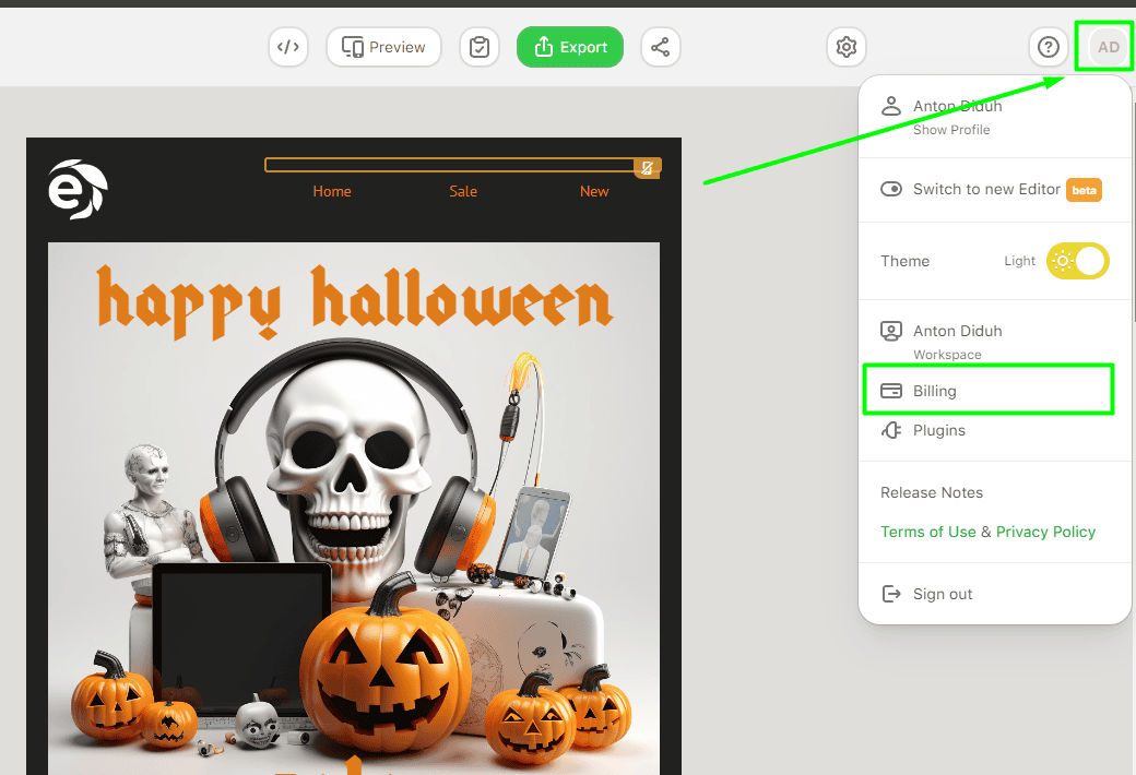 Profile button in the editor Profile button in the editor