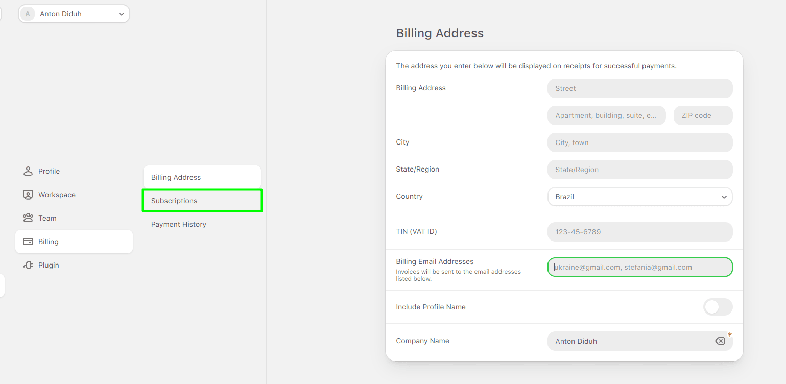 Subscriptions tab in the billing menu Subscriptions tab in the billing menu