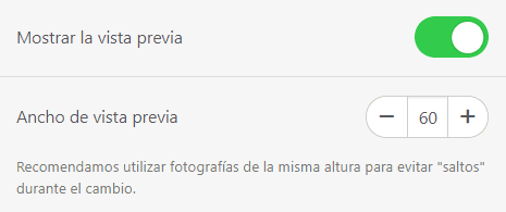 Conmutación del botón de vista previa y configuración del ancho de la vista previa Conmutación del botón de vista previa y configuración del ancho de la vista previa