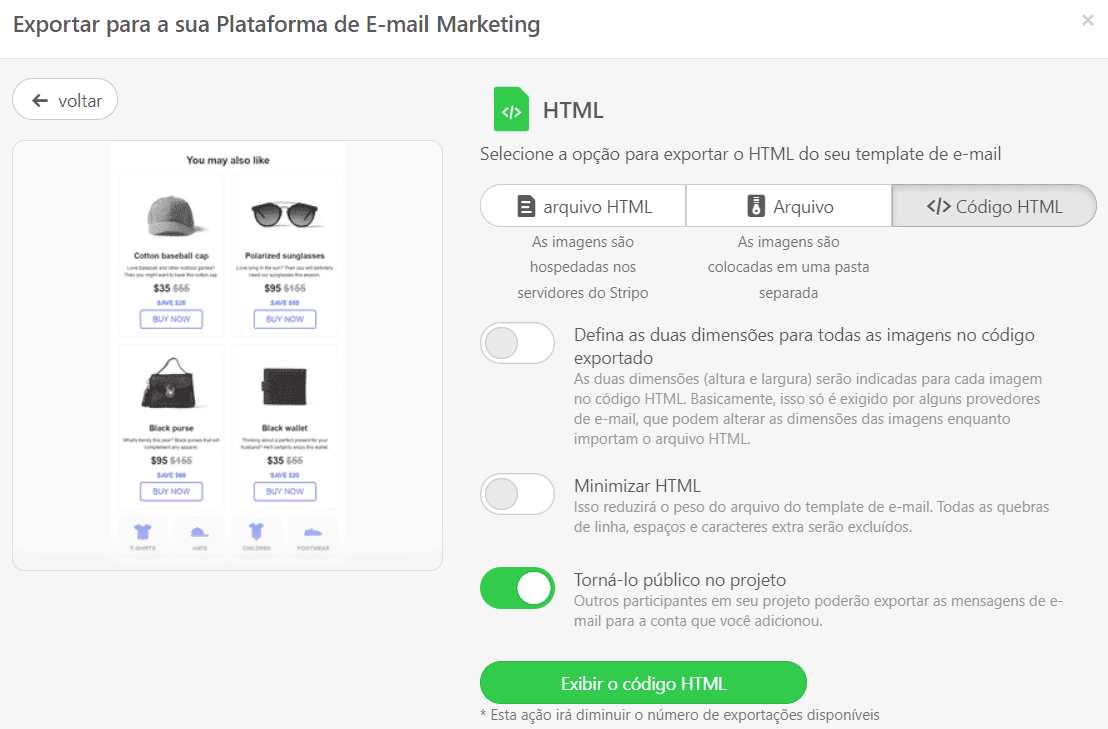 Selecionando opções de exportação para baixar seus modelos Mailchimp Selecionando opções de exportação para baixar seus modelos Mailchimp