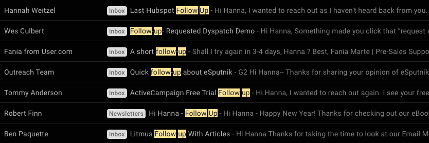 Examples of follow-up email subject lines in Gmail Examples of follow-up email subject lines in Gmail