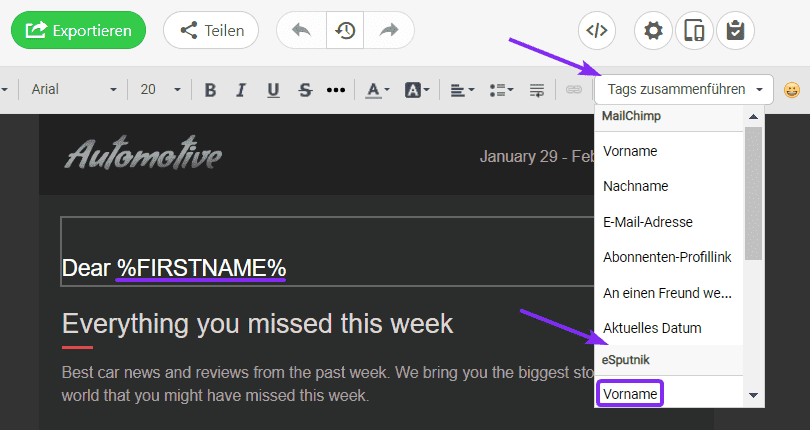 Dynamische E-Mails Hinzufügen von Merge-Tags zum Text Dynamische E-Mails Hinzufügen von Merge-Tags zum Text