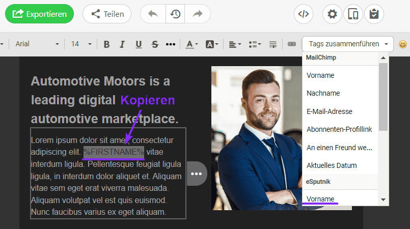 Dynamische E-Mails Kopieren von Seriendruck-Tags Dynamische E-Mails Kopieren von Seriendruck-Tags