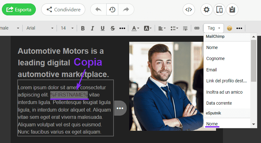 Email Dinamiche Testo con Tag di Unione Email Dinamiche Testo con Tag di Unione