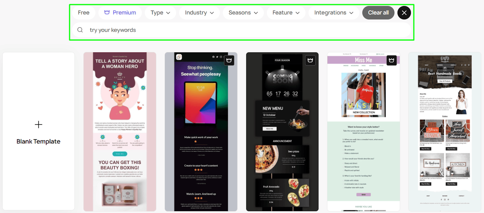 Filters and keywords search on the templates page Filters and keywords search on the templates page
