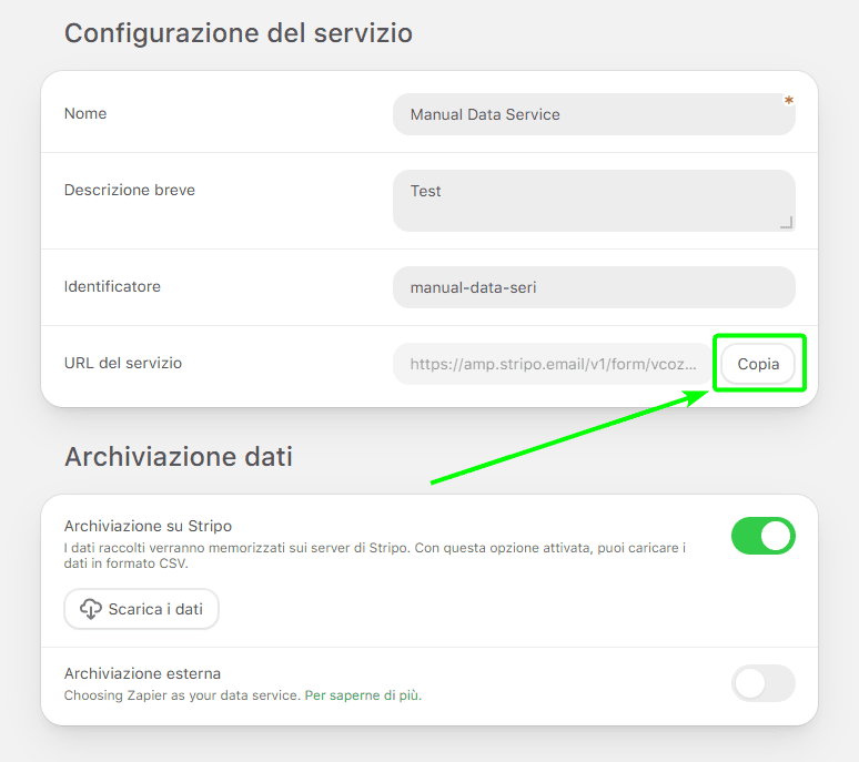 Copia dell’URL servizio dati Copia dell’URL servizio dati