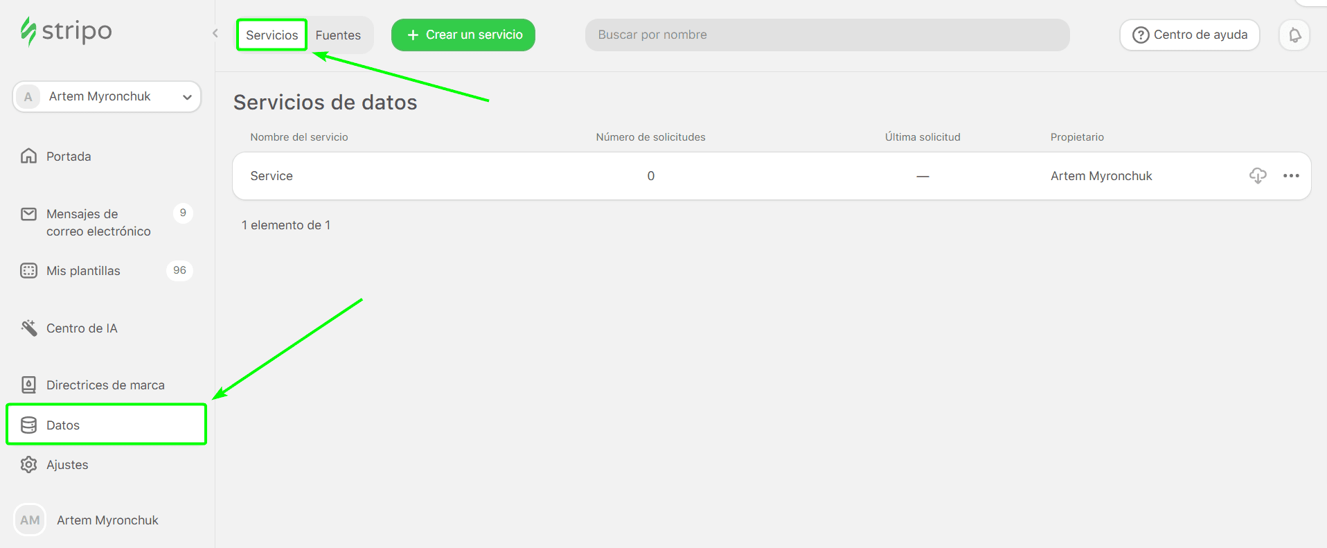 Pestaña de servicio de datos en Stripo Pestaña de servicio de datos en Stripo