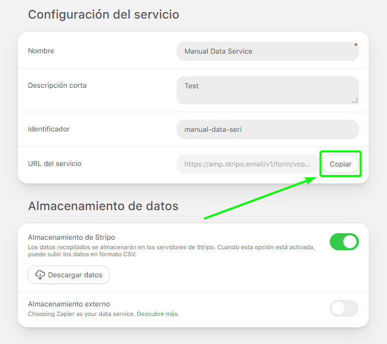 Copia de la URL del servicio de datos Copia de la URL del servicio de datos