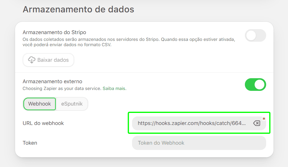 Colando o URL do webhook no Stripo Colando o URL do webhook no Stripo