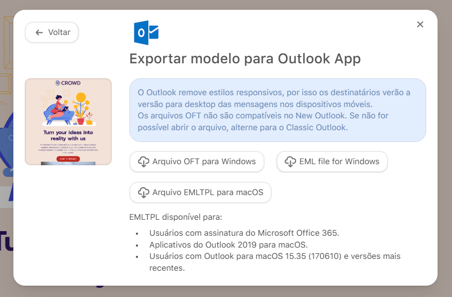 Escolha o tipo de arquivo para o modelo de newsletter