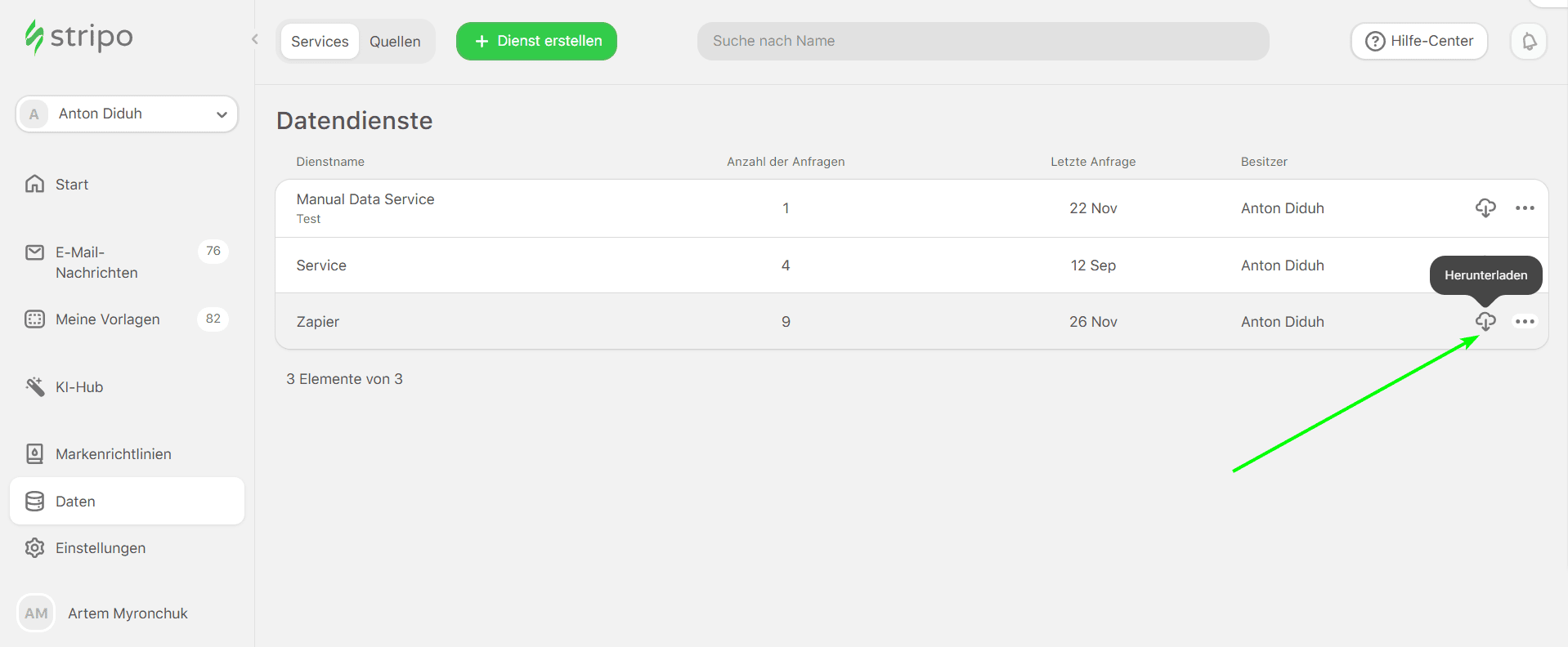 CSV-Datei mit Daten wird heruntergeladen CSV-Datei mit Daten wird heruntergeladen