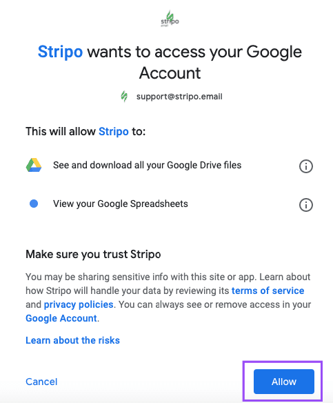 Giving Stripo Access to Google Sheets by Clicking the Allow Button Giving Stripo Access to Google Sheets by Clicking the Allow Button