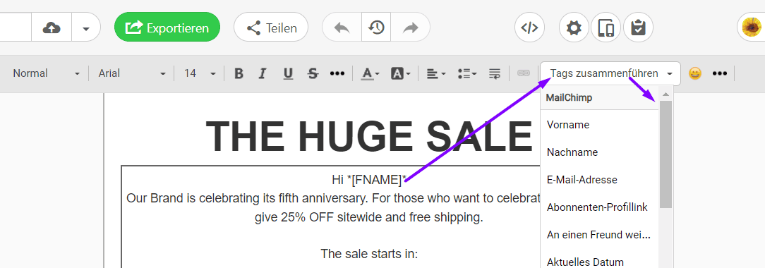 Hinzufügen von Seriendruck-Tags zu Mailchimp-E-Mails mit Stripo_Export Hinzufügen von Seriendruck-Tags zu Mailchimp-E-Mails mit Stripo_Export