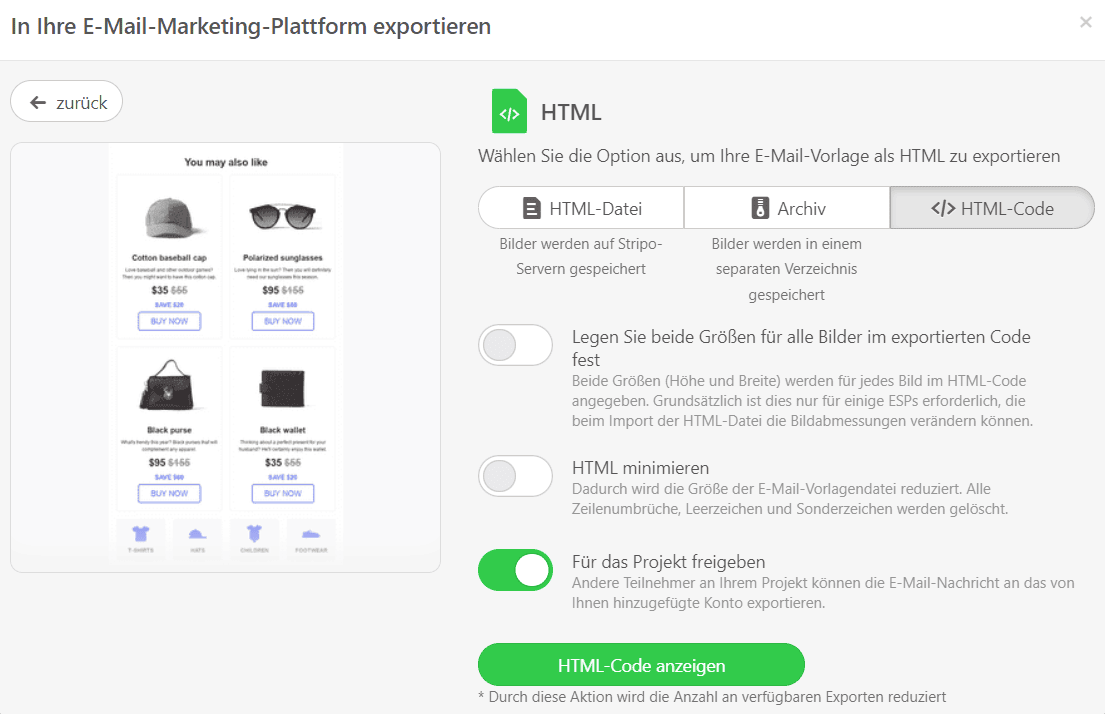 Exportoptionen auswählen, um deine Mailchimp-Vorlagen herunterzuladen Exportoptionen auswählen, um deine Mailchimp-Vorlagen herunterzuladen