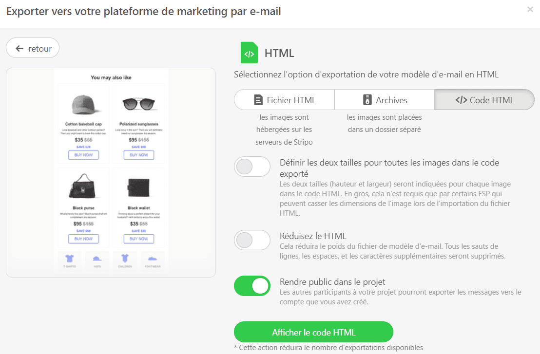Sélection des options d'exportation pour télécharger vos modèles Mailchimp Sélection des options d'exportation pour télécharger vos modèles Mailchimp