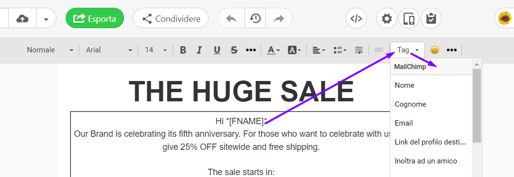 Aggiunta di tag di unione alle e-mail di Mailchimp con Stripo_Export
