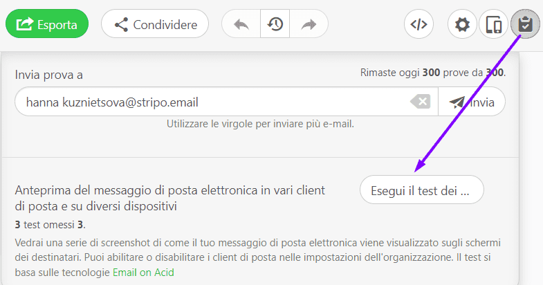 Esecuzione di un test screenshot_Esporta email su Mailchimp