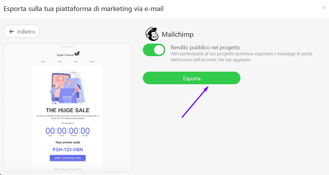 Pulsante Esporta_Esportazione email su Mailchimp_Stripo