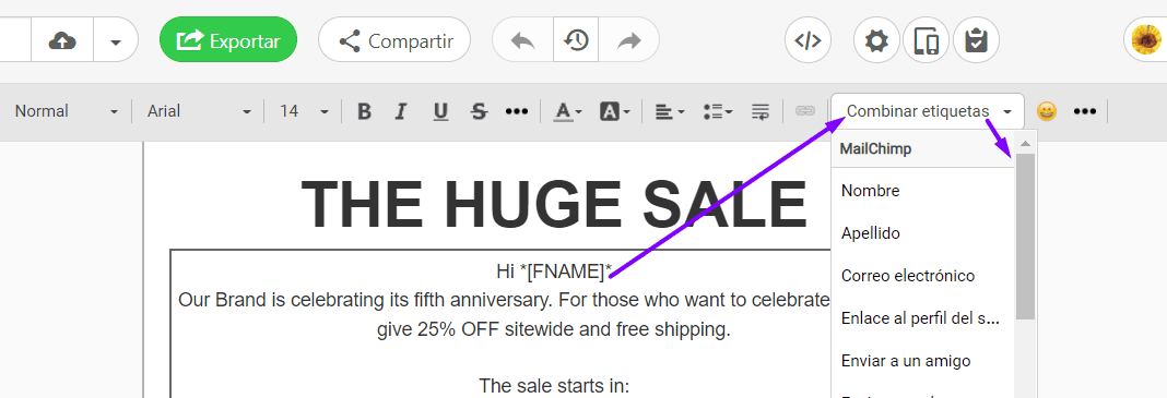 Agregar etiquetas de combinación a correos electrónicos de Mailchimp con Stripo_Export Agregar etiquetas de combinación a correos electrónicos de Mailchimp con Stripo_Export