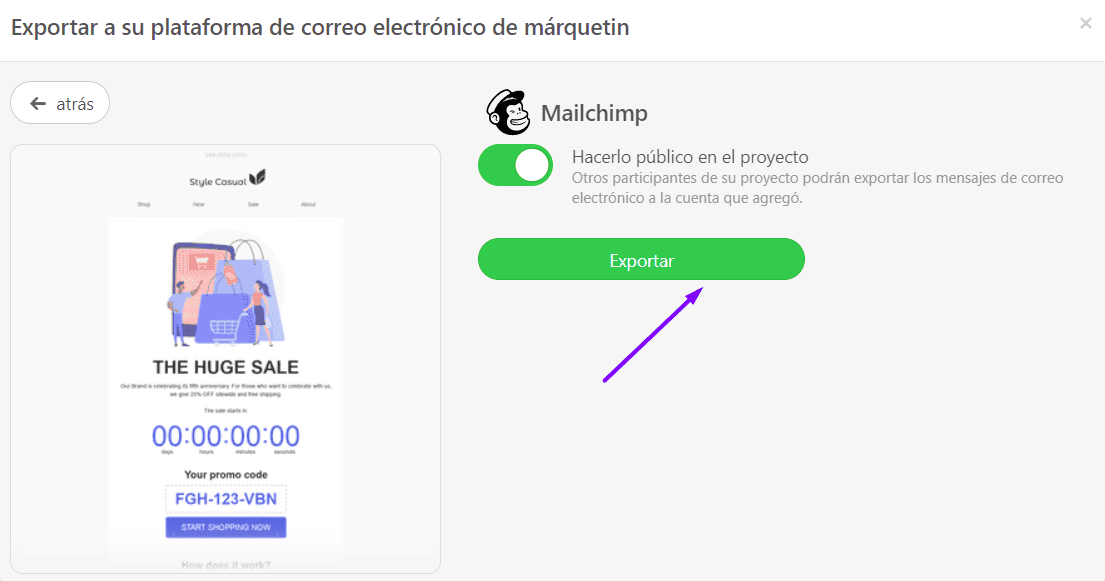 Botón Exportar_Exportando correos electrónicos a Mailchimp_Stripo Botón Exportar_Exportando correos electrónicos a Mailchimp_Stripo