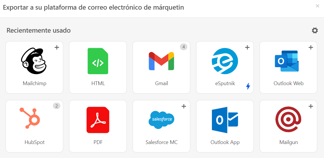 Opciones de exportación utilizadas recientemente_Exportar correos electrónicos a Mailchimp Opciones de exportación utilizadas recientemente_Exportar correos electrónicos a Mailchimp