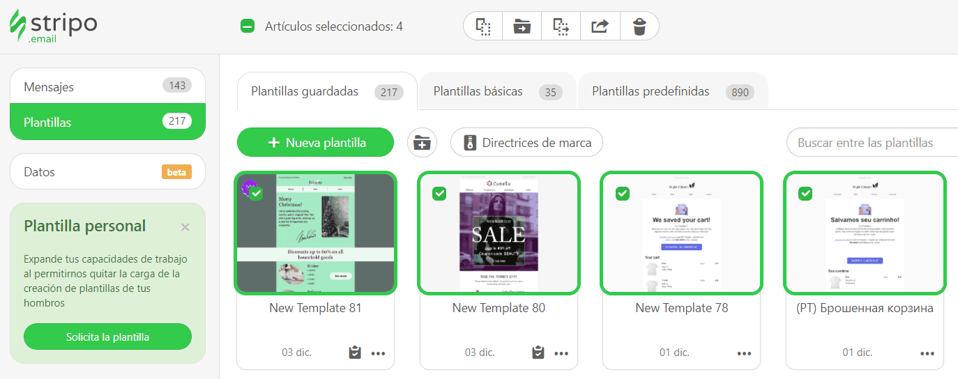 Plantillas de correo electrónico seleccionadas para exportación masiva Plantillas de correo electrónico seleccionadas para exportación masiva