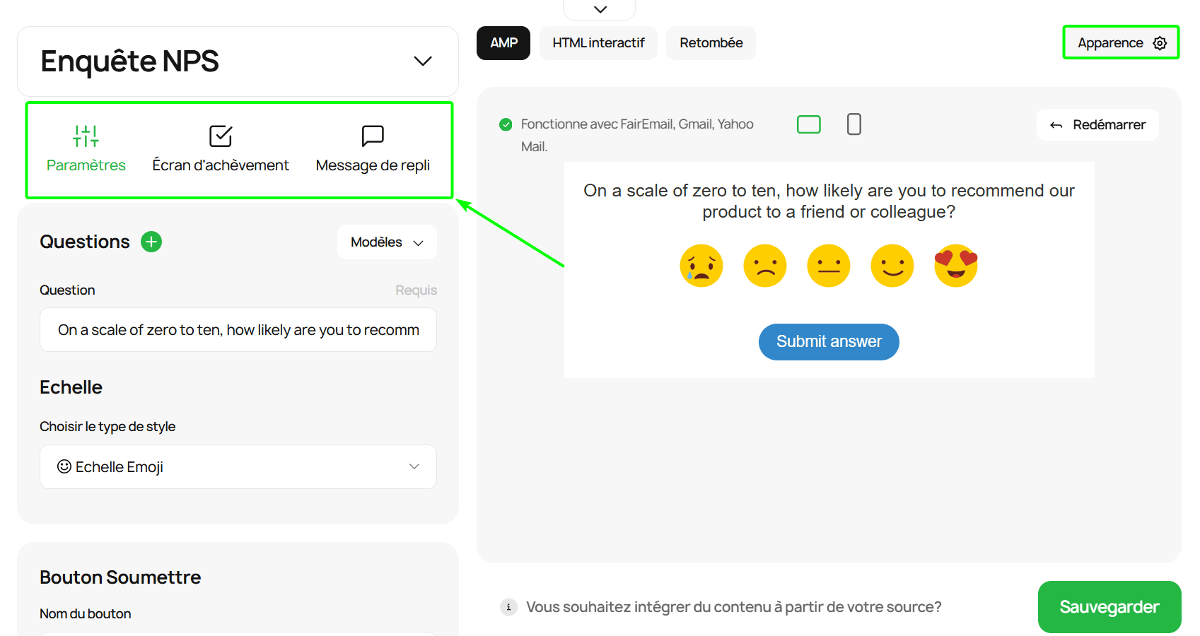 Paramètres de l'enquête NSP Paramètres de l'enquête NSP