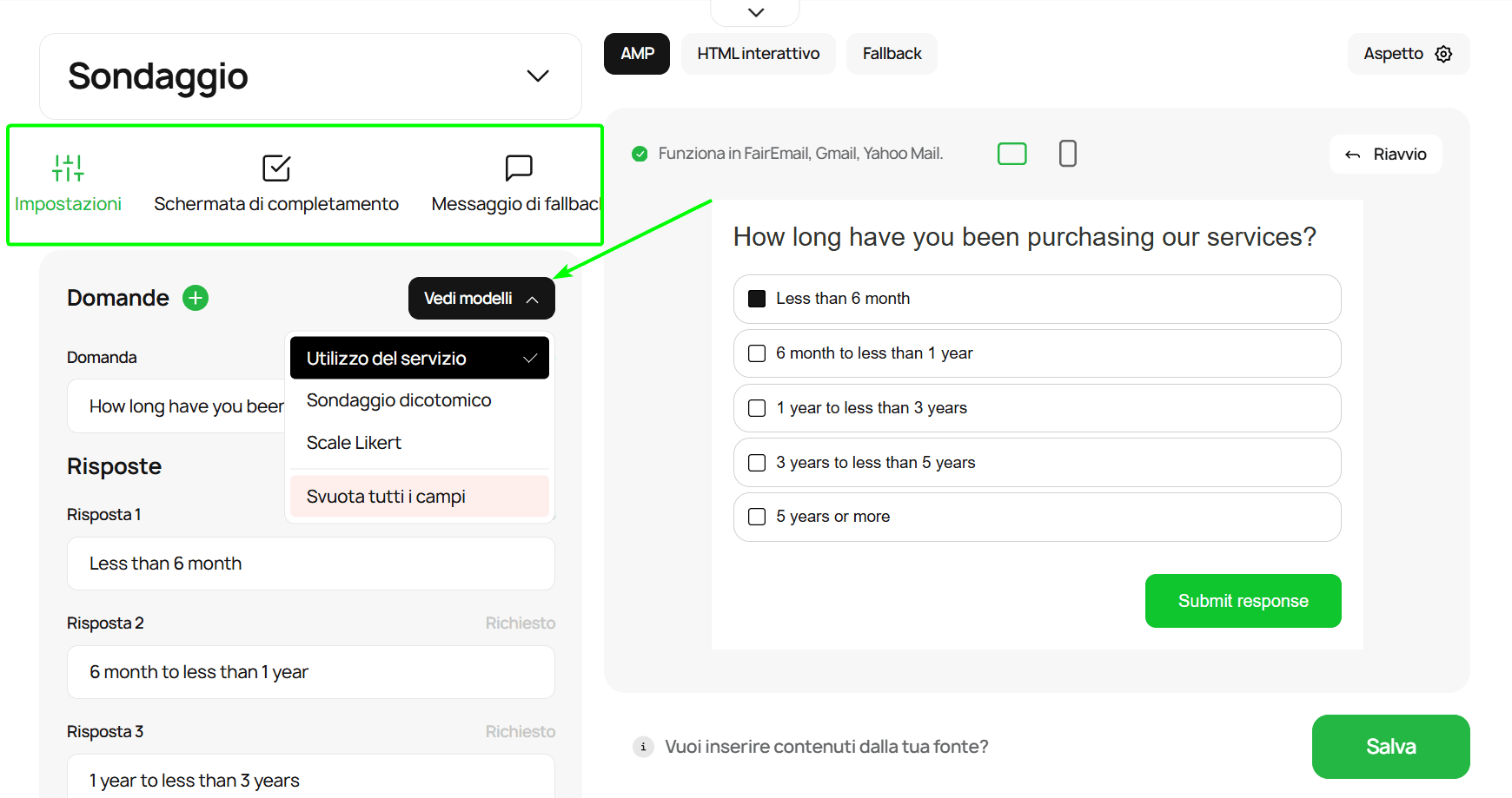 Impostazioni di un sondaggio nel generatore di moduli Impostazioni di un sondaggio nel generatore di moduli