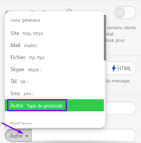 Ajout de liens d'ancrage_Modification du type de lien dans le panneau Param&egrave;tres
