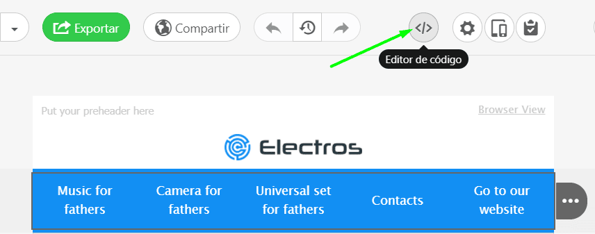 Stripo Agregar enlaces de anclaje en correos electr&oacute;nicos Abriendo el editor de c&oacute;digo