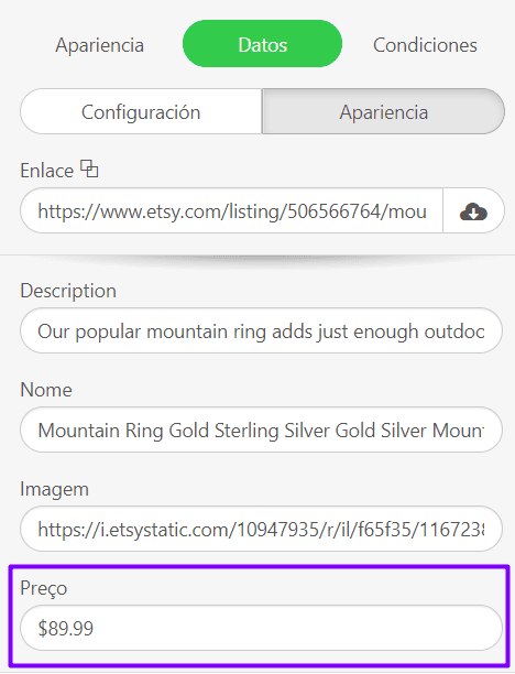 Edici&oacute;n de precios para elementos inteligentes